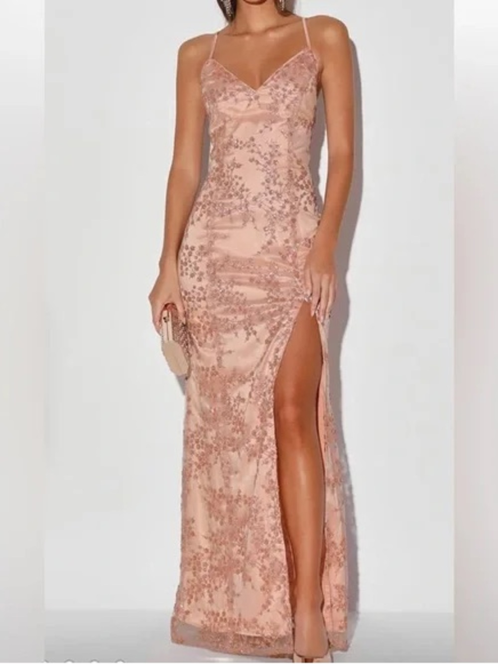 Lulu's Rose Gold Lace-Embellished Maxi Dress with Thigh Slit